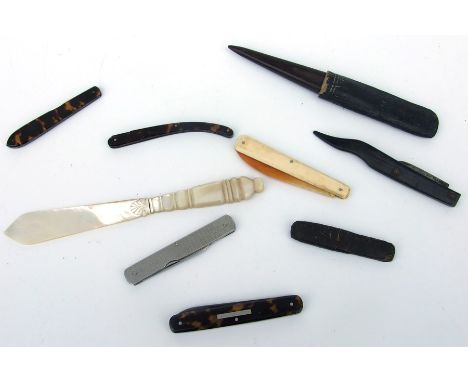 Two 19th century tortoiseshell mounted folding medical tools; together with an 18th century cased lancet; a group of penknive