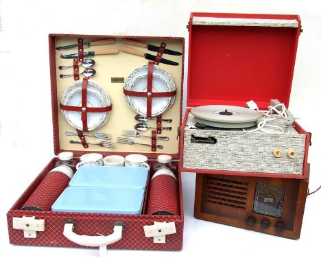 A Brexton four-person vintage picnic set, cased; together with a Domsette portable gramophone and a Bartons Radio Ltd radio i