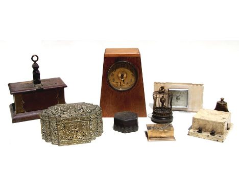 An Art Deco alabaster desktop barometer; together with an early plastic brass mounted two-division tea caddy; a Chinese pierc