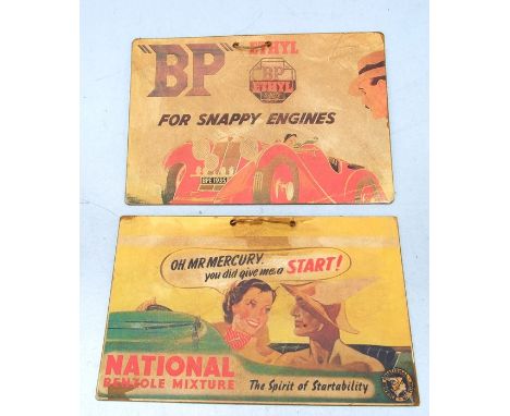 Petrolania:  Two 1930's style wall hanging pictorial advertising boards for 'National Benzol Mixture' and 'BP Ethyl', each 29