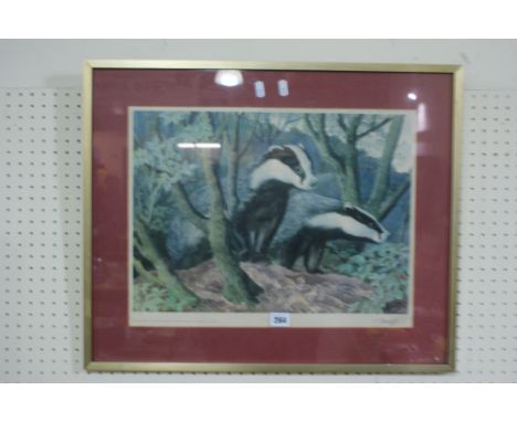 A Limited Edition Coloured Print Of Badgers After An Original By Charles Frederick Tunnicliffe, Signed And Numbered In Pencil