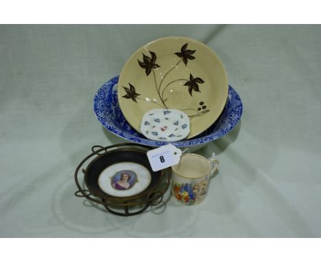 A Circular Continental China Dish Within A Yellow Metal Stand, The Dish Depicting A Noble Woman. A Copeland Spode Italian Des