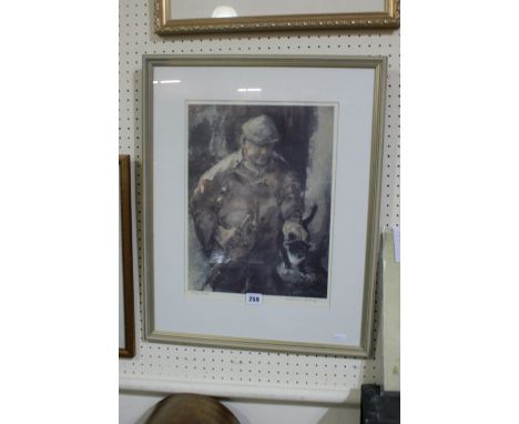 A Limited Edition Coloured Print Of Farmer And Cat After An Original By William Selwyn, Signed And Numbered In Pencil