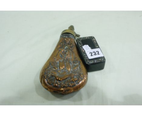 A Copper Shot Flask Together With A Papier Mache And Mother Of Pearl Inlaid Snuff Box