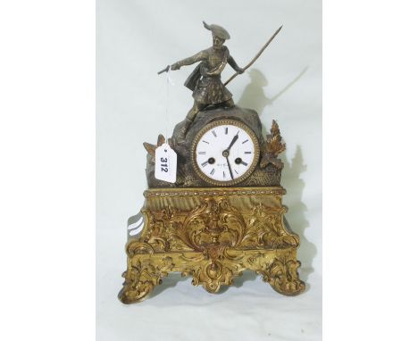 A Victorian Gilt Spelter Mantel Clock With Clansman To The Top