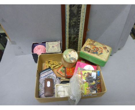 Mixed collectables to include; cased yellow metal tie pin, spectacles, framed silk embroidery, tins etc