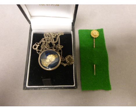 Enamelled Victorian sixpence with pendant mount & chain plus a 15ct gold stick pin