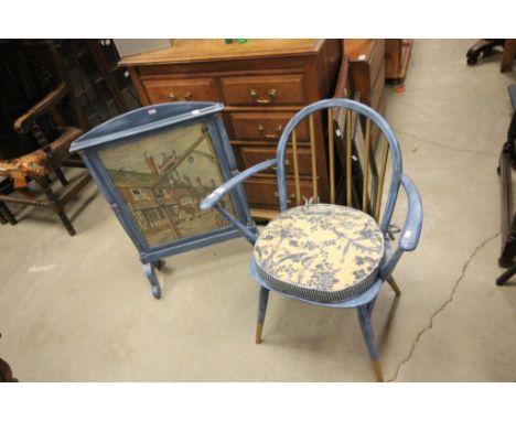 Matching large mirror, stick back chair and fire screen tapestry all with blue painted pine surround