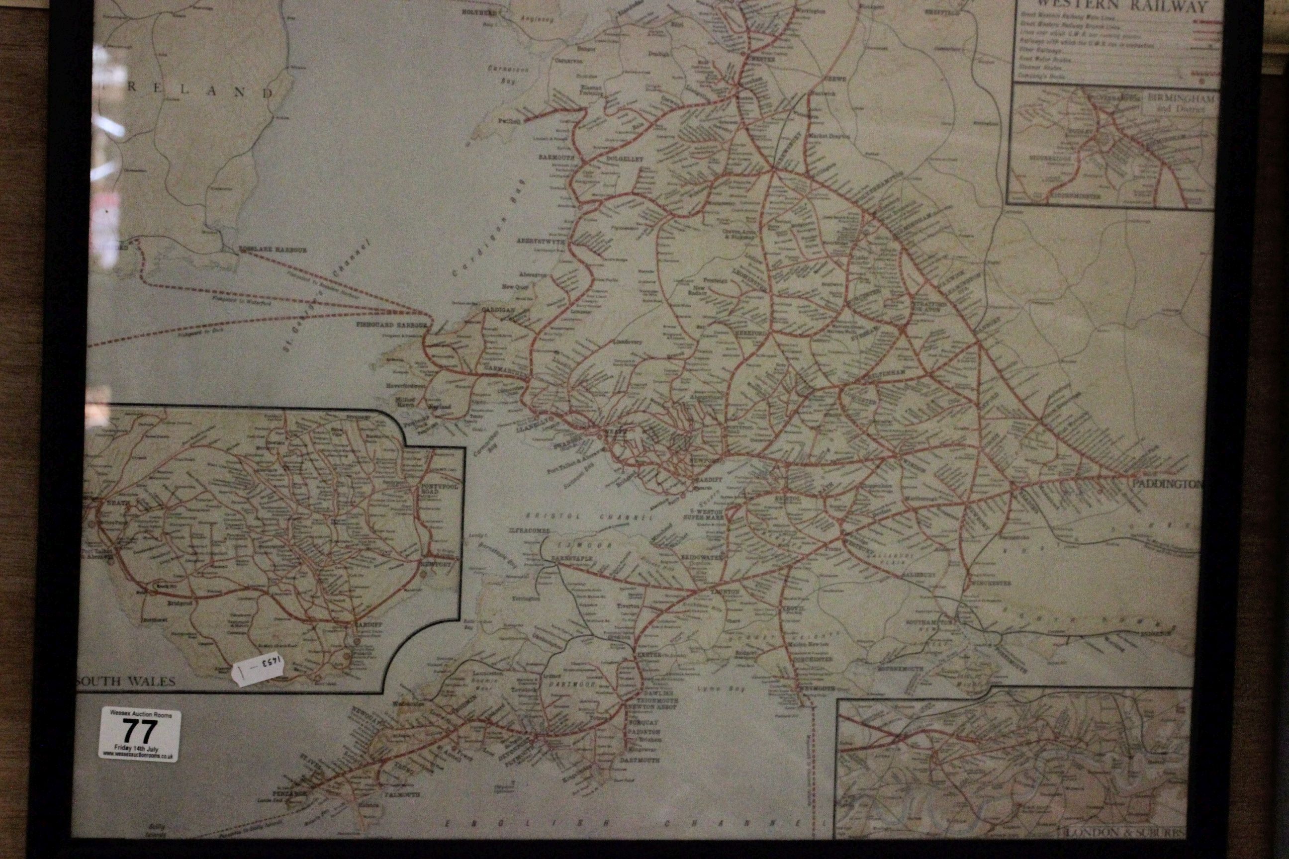 Vintage framed & glazed GWR map of Wales & Southern England