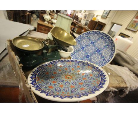 Vintage set of scales with weights, a box of Spiegelau Champagne glasses plus two decorative Middle Eastern Chargers