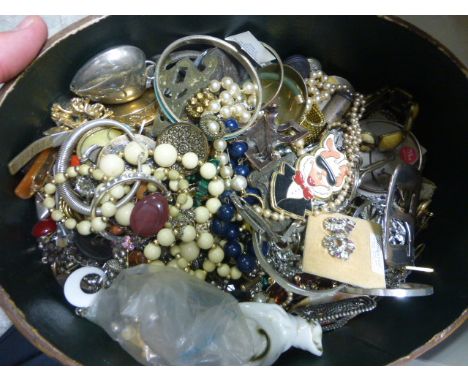 Wooden box of vintage costume jewellery