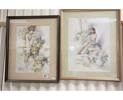 Two Gordon King framed romantic print portrait of young ladies in flower gardens