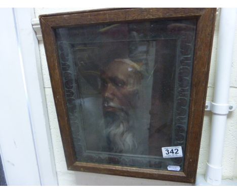 Oak framed oil painting portrait of a bearded Native Warrior