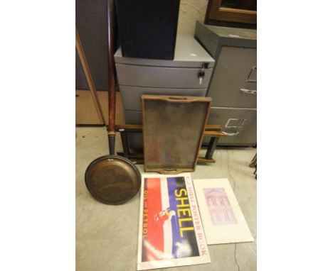 Wooden breakfast tray with fold away legs, a Shell Poster book and a framed print plus a copper bed warming pan with wooden h
