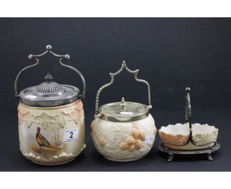 Two items of Royal Worcester Blush ceramics & another all with silver plated fittings, to include two biscuit barrels & open 