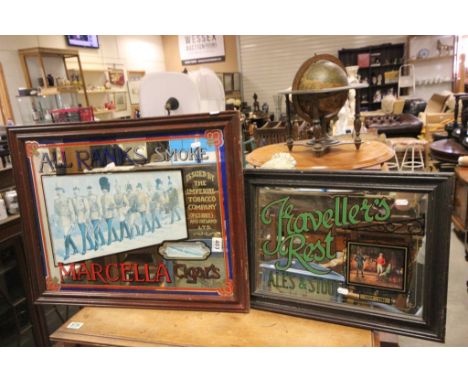 Two vintage advertising pub mirrors, Travellers Rest & Marcella Cigars