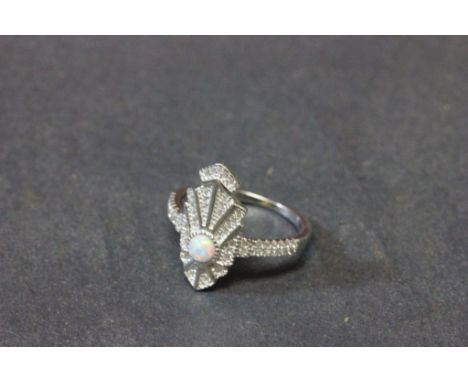 Silver CZ and opal art deco style ring