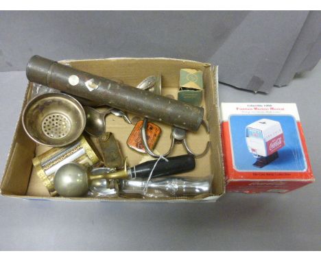Tray of mixed collectables to include handcuffs, ice cream scoop, folding corkscrew spoon, coins, silver plate