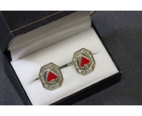 Pair of silver and enamel heart shaped cufflinks