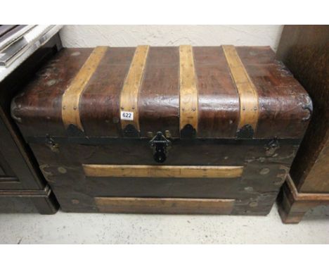 Large vintage metal & wooden bound trunk with ornate decoration 36 x 21" approx 