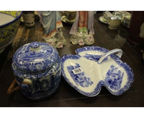 Copeland Spode blue & white biscuit barrel plus an Abbey pattern blue & white three section dish