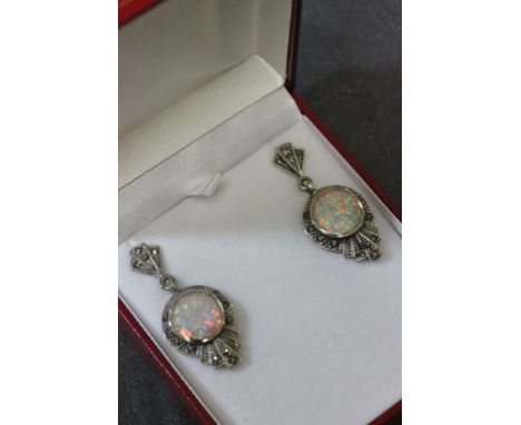 A pair of silver, marcasite and opal set earrings in the art deco style 