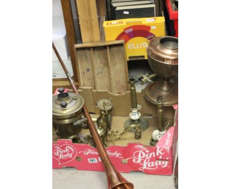 Two copper samovars, an antique copper hunting horn,a chandelier and candlesticks. and a box of mixed sundries to include ket