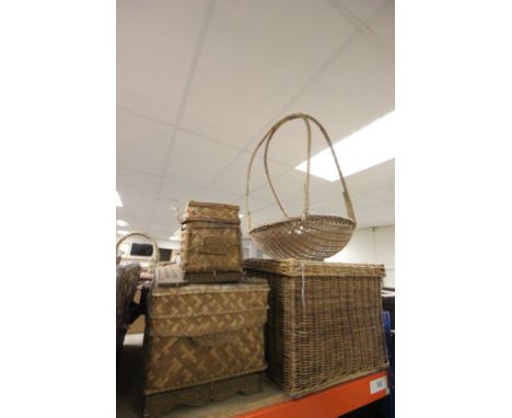 Four vintage Wicker items to include a Hamper