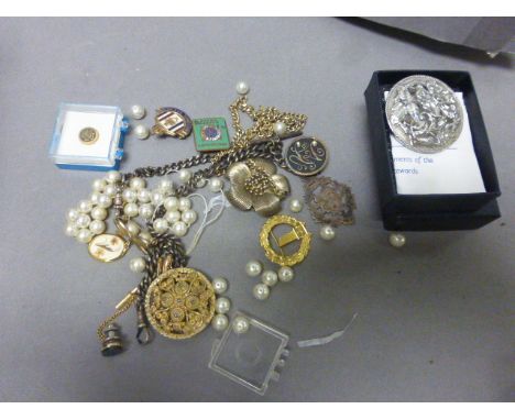 Small collection of vintage costume jewellery etc to include; brooches & hallmarked silver pocket watch chain with fob