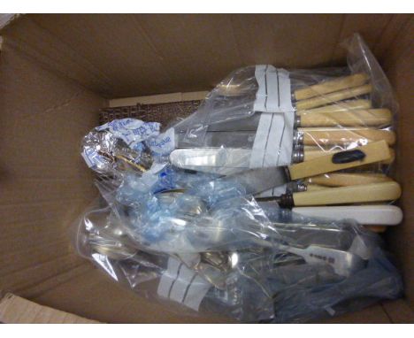 Box of silver plated cutlery plus two vintage pictures