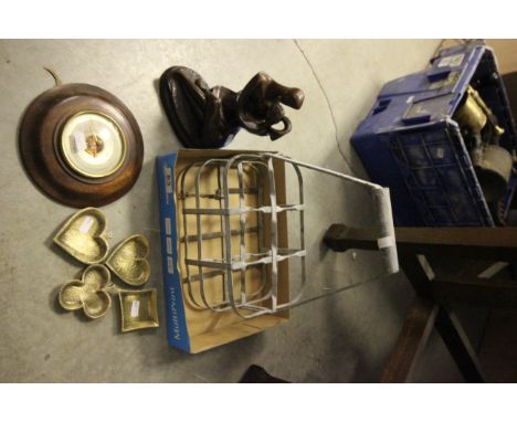 Mixed collectables to include; barometer, milk bottle holder, resin statue etc