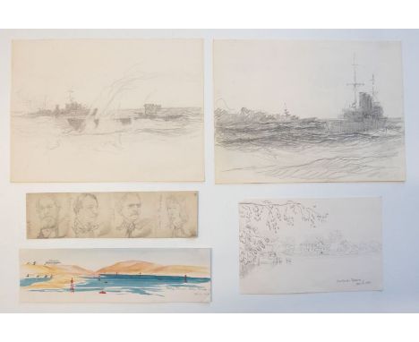 Norman Wilkinson (British, 1878-1971). Studies of Battle Cruisers, a pair, signed to verso of each, pencil sketches, 17cm by 