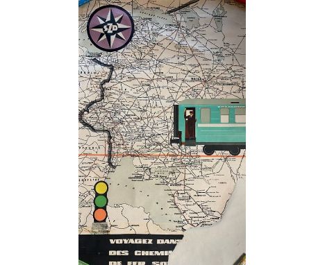 An original USSR travel poster for SZD railways, colour lithograph, 90.5cm by 55.5cm, lacking corner section as found
