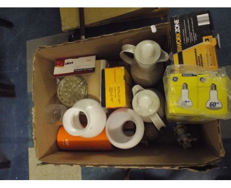 A Box Containing Light Bulbs Lamp Shades Walking Stick Chargeable Halogen Light Etc. 