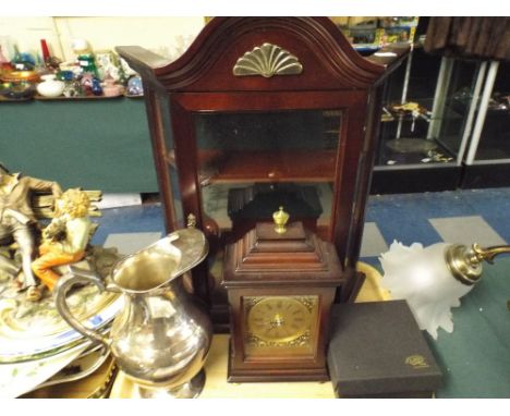 A Tray Containing Small Wooden Display Cabinet Mantle Clock Silver Plated Ewer Etc. 