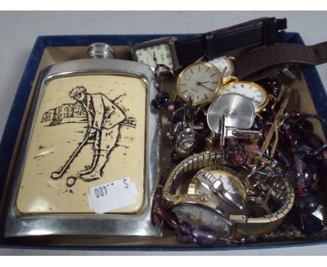 A Collection of Items to Include Wrist Watches Ladies Art Deco Marcasite Example,  Hip Flask Etc.
