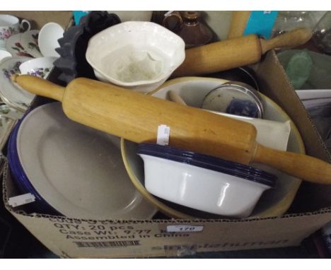 A Tray of Kitchenalia to Include White Enamel Tin Plated Ware, Mixing Bowl, Rolling Pin, Butter Mould Etc. 