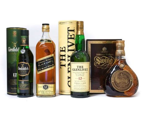 Johnnie Walker Black Label Old Scotch Whisky, 12 year old, 43% vol 1 litre (one bottle), Johnnie Walker Swing Blended Scotch 