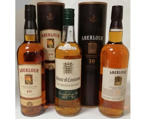 Aberlour 10 Year Old Highland Single Malt Scotch Whisky, 40% vol 70cl (two bottles), House of Commons 12 Years Old Scotch Whi