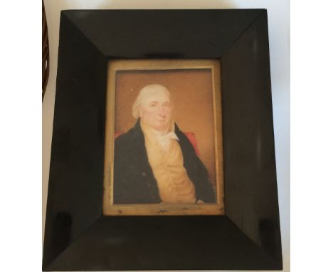 Early 19th century portrait miniature of a gentleman wearing a yellow waistcoat
Watercolour on ivory, 10.5cm x 7.5cm
Containe