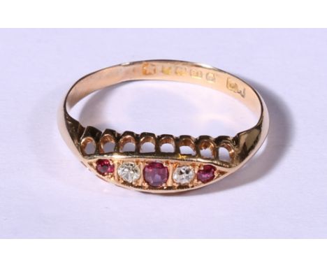 18ct gold ruby and diamond five-stone ring of marquise form, hallmarked