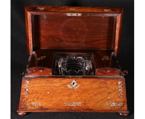 Early Victorian mother of pearl inlaid rosewood tea caddy of sarcophagus form, the interior with mixing bowl and zinc lined c