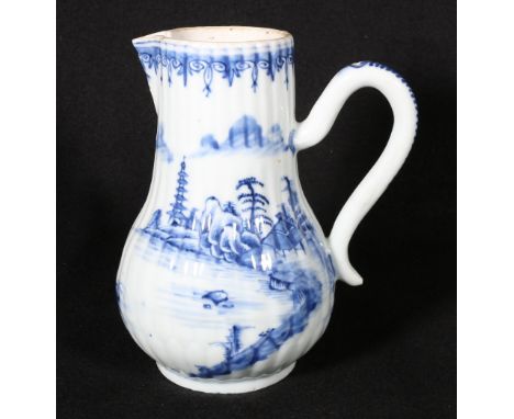 19th century Chinese blue and white jug with scroll handle and ribbed body decorated with a pavillion in a watery landscape