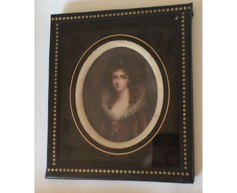 Early 19th century portrait miniature of a woman in a velvet dress with elaborate ruff
Watercolour on ivory, oval, 7.5cm x 6c