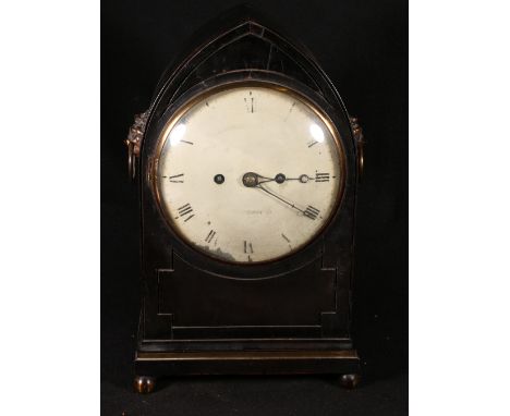 Regency ebonised lancet mantle clock, brass inlay, circular painted face, eight day movement, 38cm high CONDITION REPORT: Fro