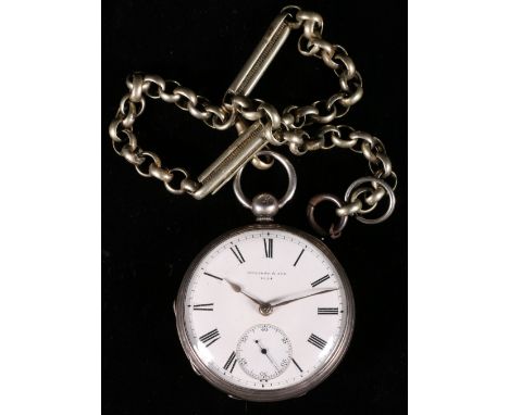 Victorian Milladge & Sons Edinburgh silver open faced pocket watch, no 7944, the enamel Roman dial with seconds, on belcher c