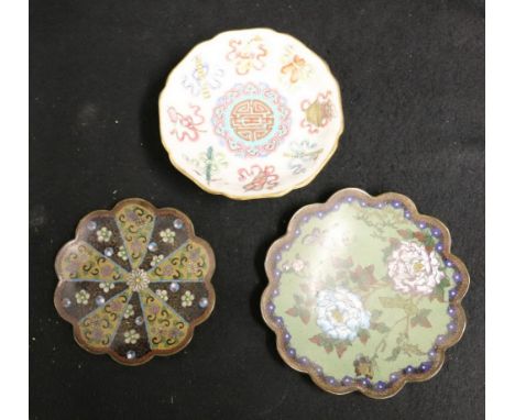 Two 19th century champleve enamel lobed dishes with floral decoration 12cm & 15cm and a Chinese famille rose dish, the centra