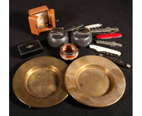 Collection of curiosities, including a pair of curling stone paper weights, snuff box, cartwheel 2 pence and a pen knife
Prov