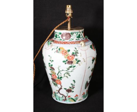 Chinese famille verte baluster jar with faux mask handles as a lamp base, 32cm