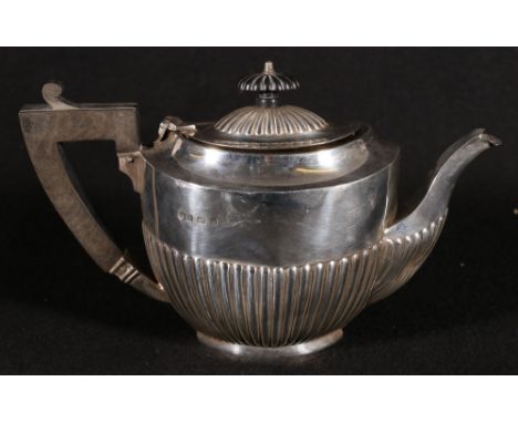 Edwardian silver oval teapot with semi fluted body, Birmingham 1905